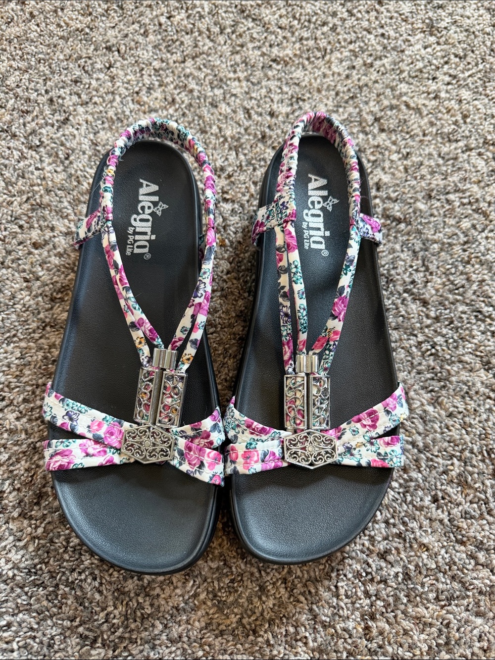 Alegria Rox Charm Cream/Pink Floral T-Strap Sandals US Size 9 (Fits 9.5 also)